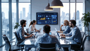 Business team in modern office meeting room reviewing digital performance dashboards on a large screen during a strategy discussion.
