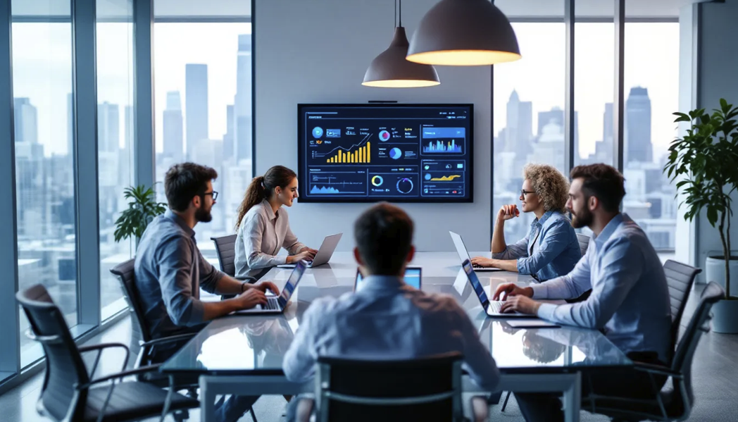 Business team in modern office meeting room reviewing digital performance dashboards on a large screen during a strategy discussion.