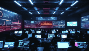 Cybersecurity operations centre with analysts monitoring multiple data dashboards and global threat intelligence in real time.