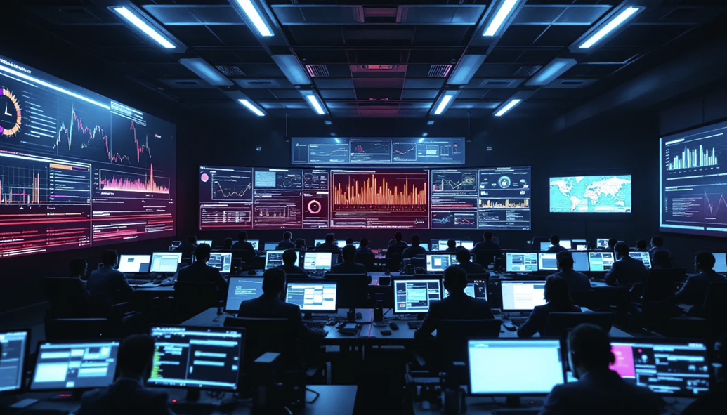 Cybersecurity operations centre with analysts monitoring multiple data dashboards and global threat intelligence in real time.