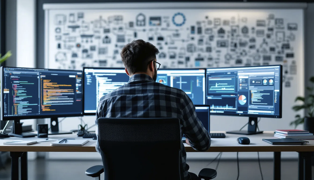 IT professional working at a desk with multiple monitors displaying code, analytics, and system dashboards in a modern office.